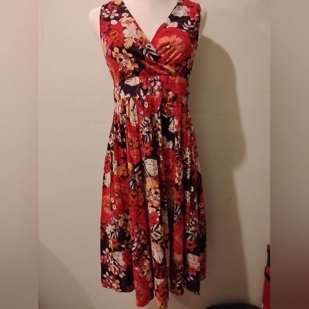 Garnet Hill Dress Persimmon Cranberry Navy 2 2P Sleeveless Cotton Full Skirt XS
